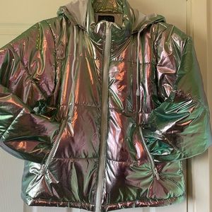 Club Exx iridescent bomber jacket with hideaway hood that tucks away with Velcro